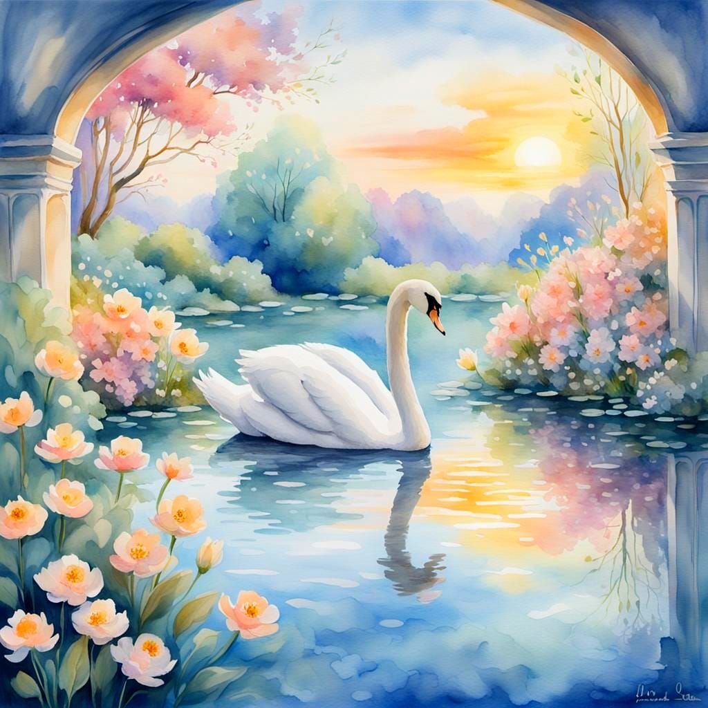 Magical Swan Pond at Sunrise: Romantic Airbrush Art