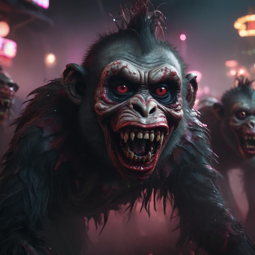 Zombie Monkey Clowns Ride Pigs in Dark Carnival