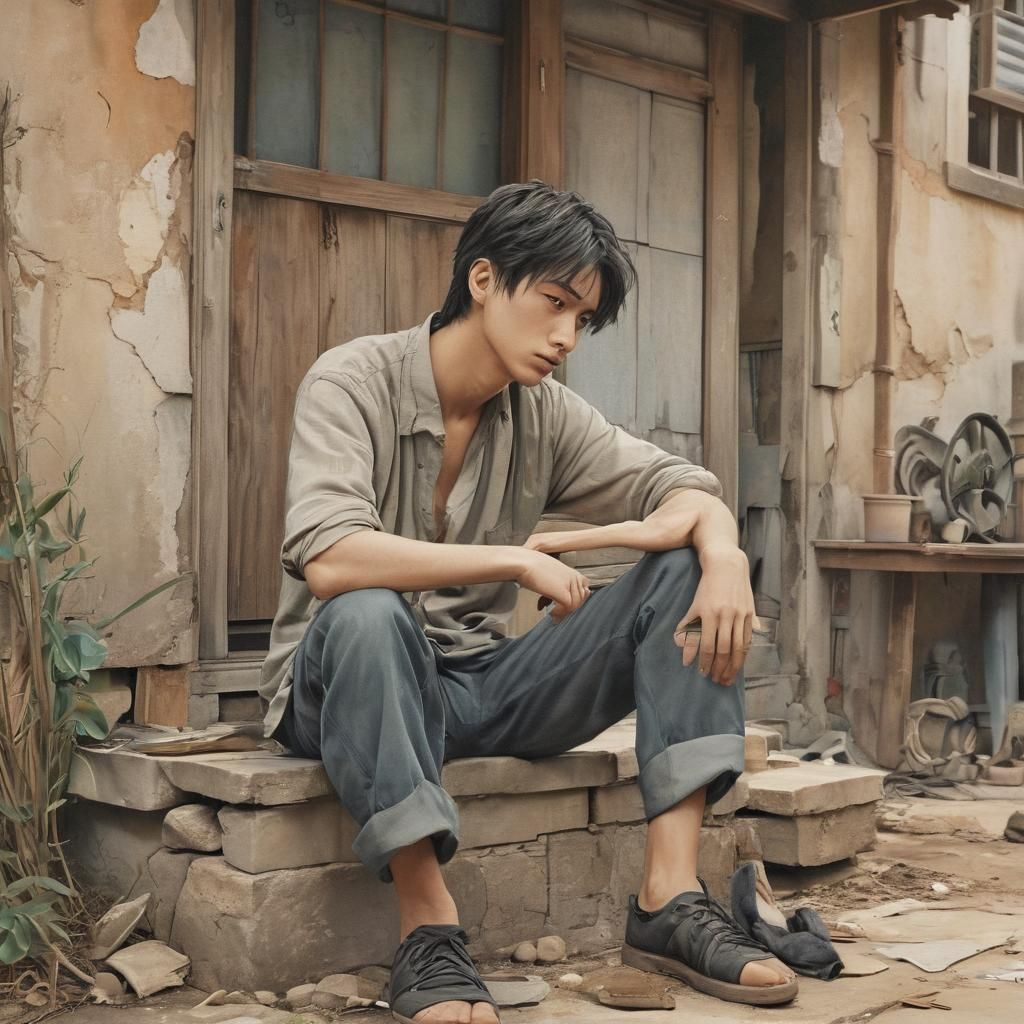 Worried Young Man Outside House in Manga Style