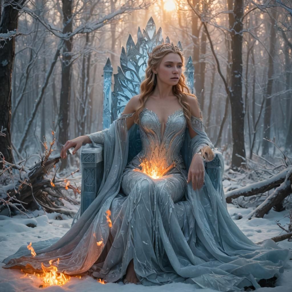 Goddess of Ice and Fire in Frozen Forest