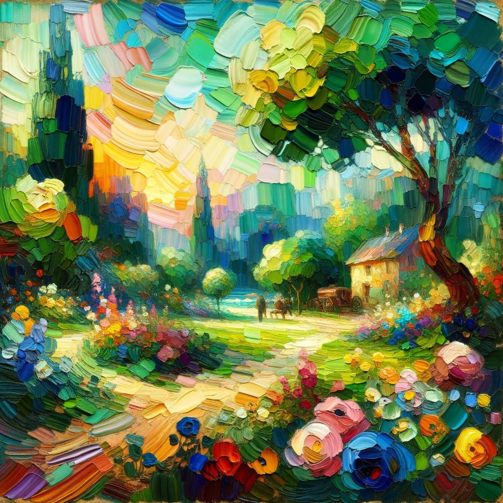 Expressionist Summer Landscape with Impasto and Encaustic Ef...