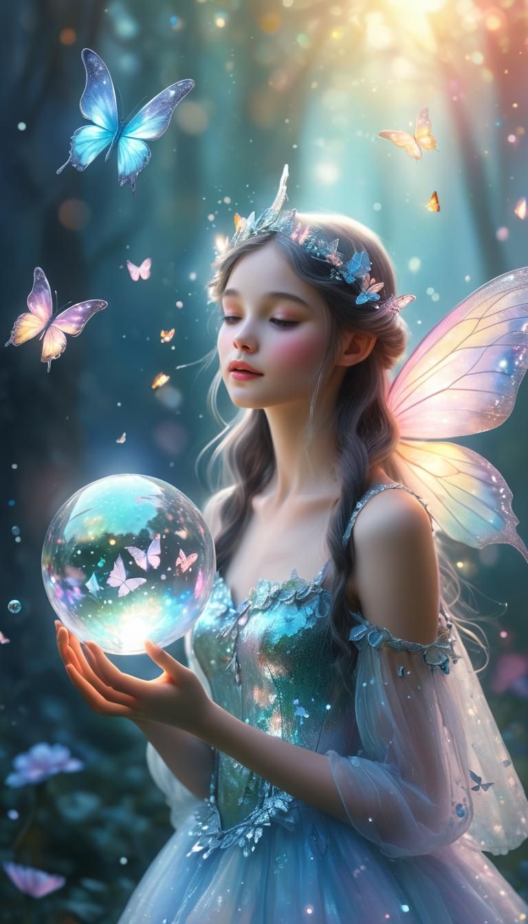 A beautiful fairy, in a fairytale world, she is shimmering in silver, she's holding a crystal globe and releasing multi ...