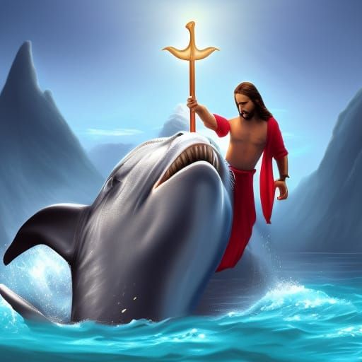 Jesus Christ Rides Dolphin with Trident
