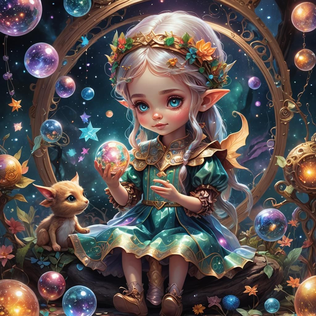 Cute little elf girl playing with a doll