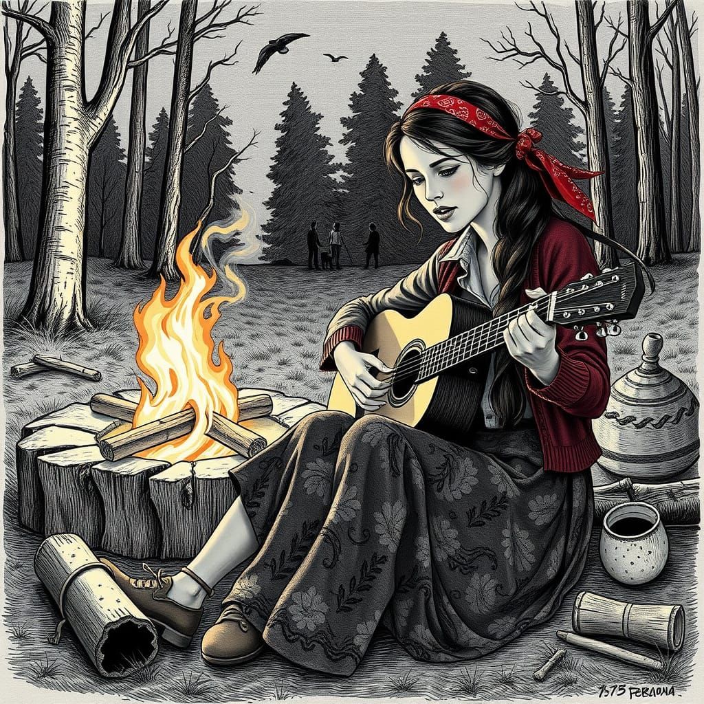 Woman Leading Campfire Singalong: Black and White Engraving