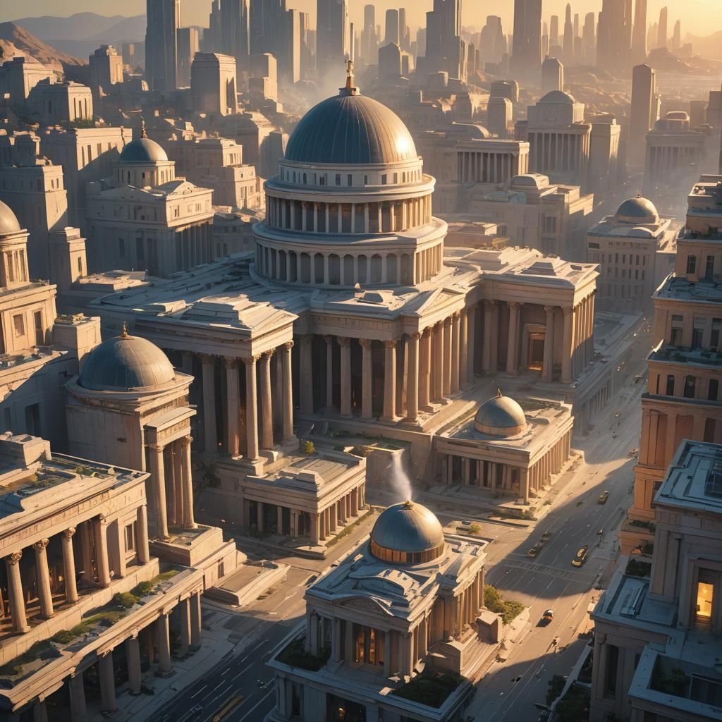 Metropolis with Greek-Inspired Architecture in Golden Light