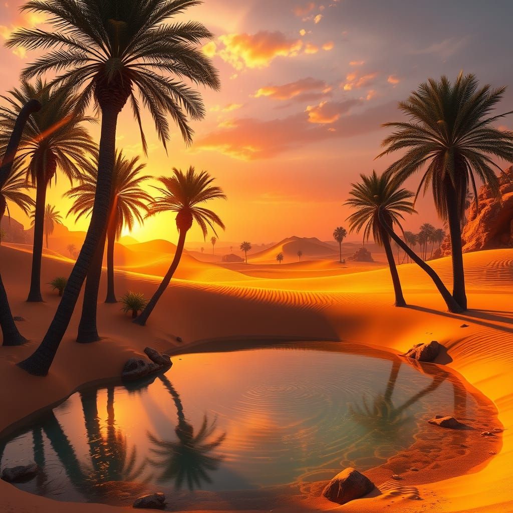 Golden Desert Oasis Under Sunset