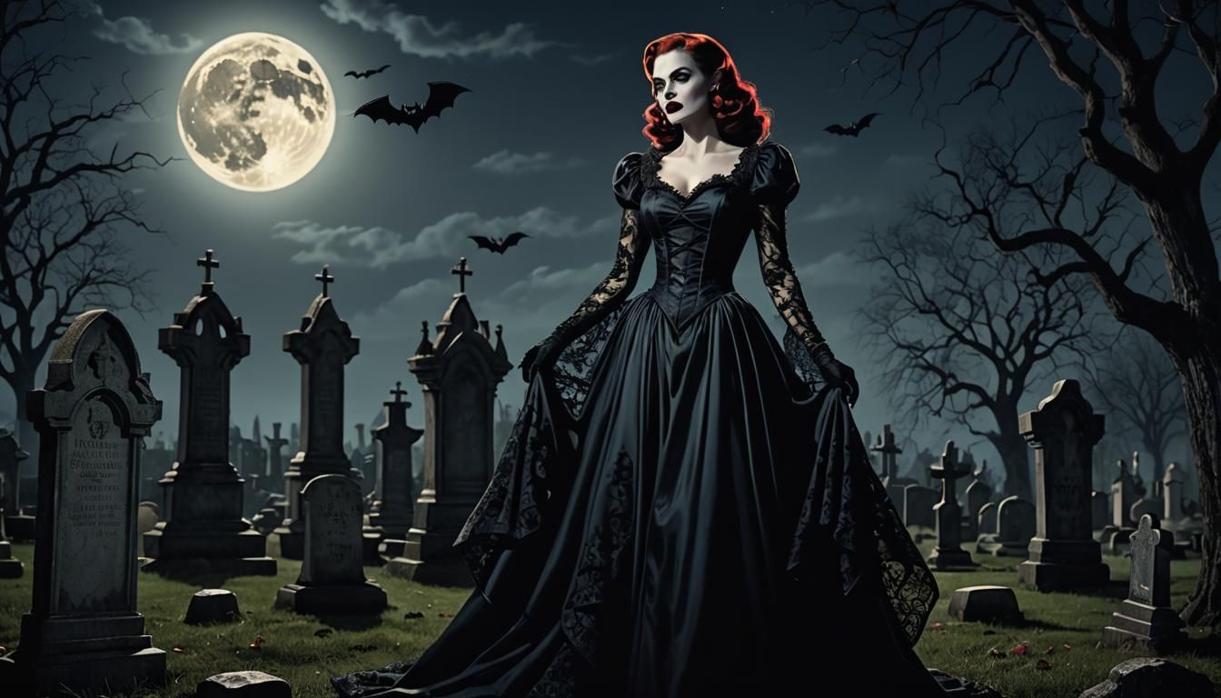 Vampire in Graveyard in Retro Pinup Style