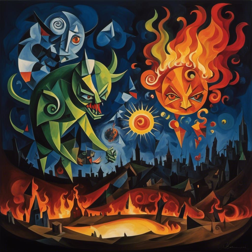 Fiery Cubist Demon in Hellish Fortress