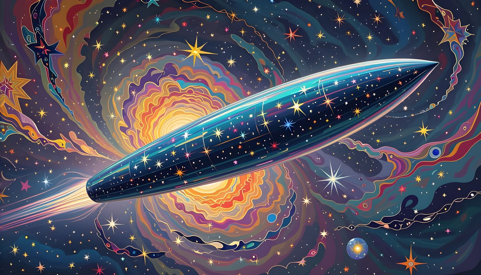 High-Velocity Cylinder Reflecting a Surrealist Cosmos