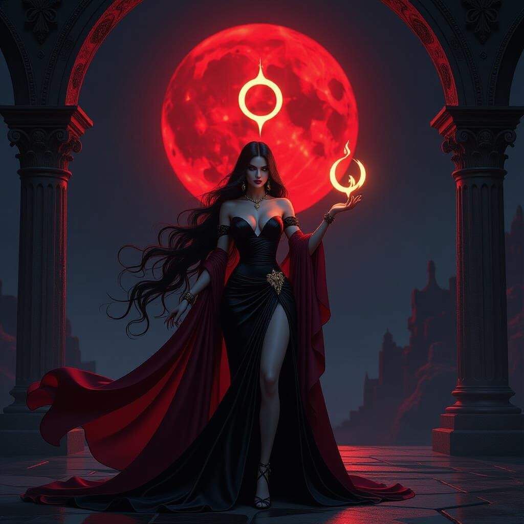 Dark Goddess Lilith Under Blood Moon in Gothic Style