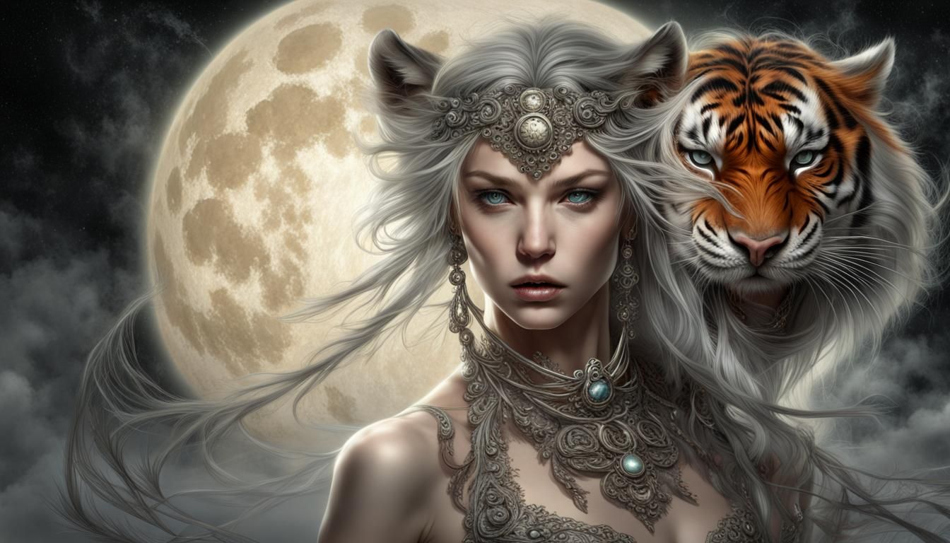 Woman and Tiger Under the Moon in Digital Art