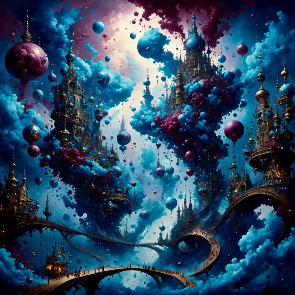 Blue Ethereal City in Contemporary Surreal Abstract Painting
