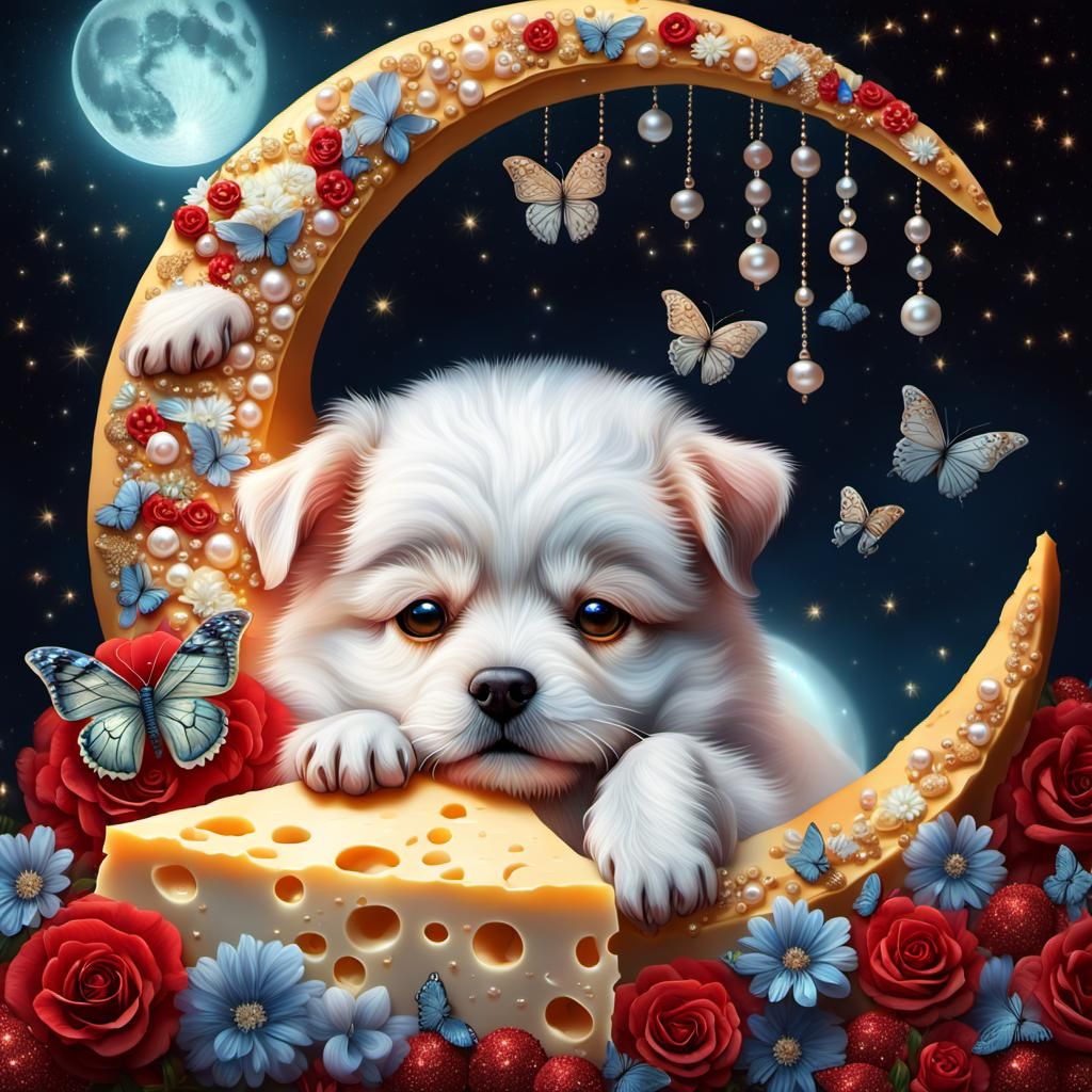 Fluffy Dog Asleep on Cheese Moon in 3D