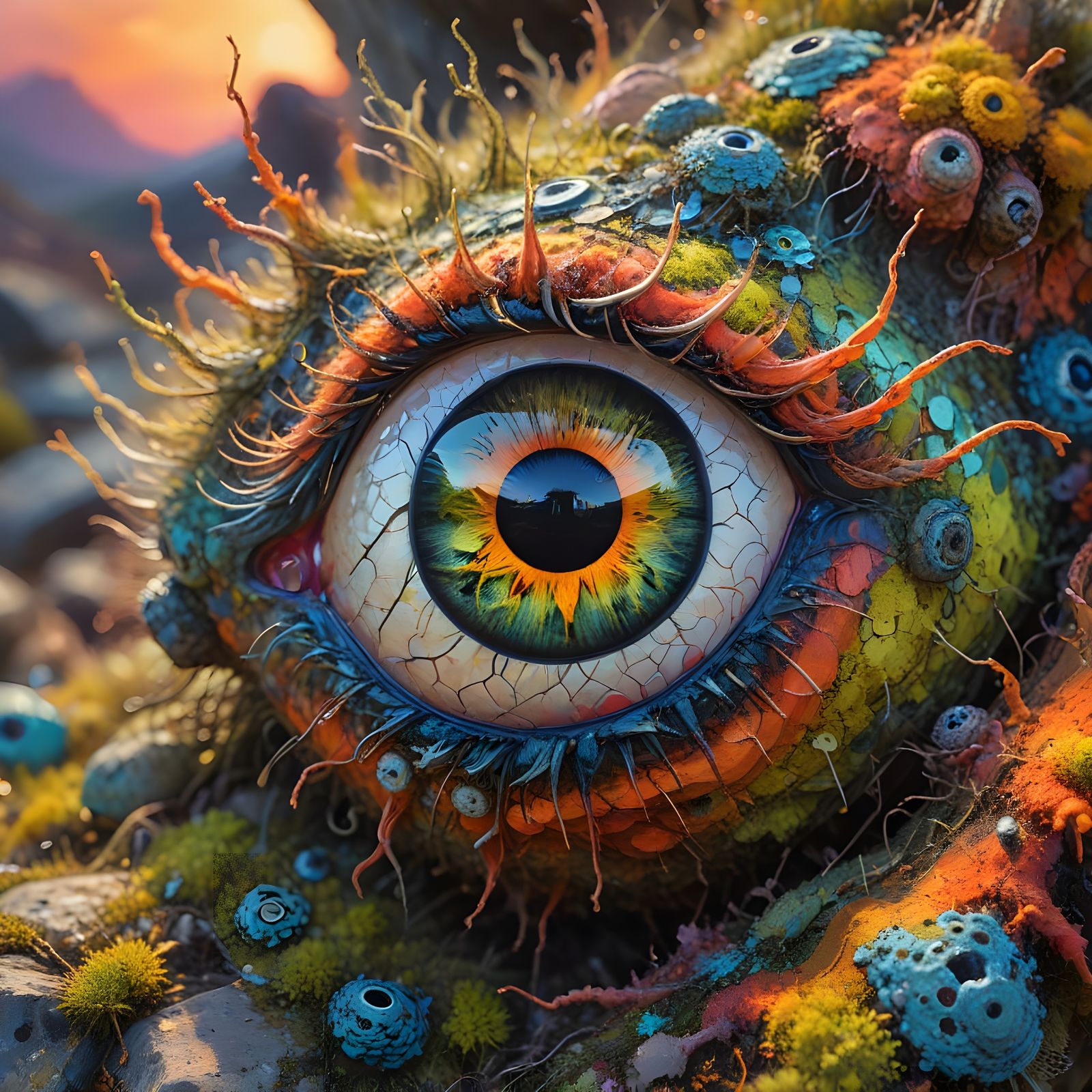 Eye Creature Overlooking Valley as Oil Painting