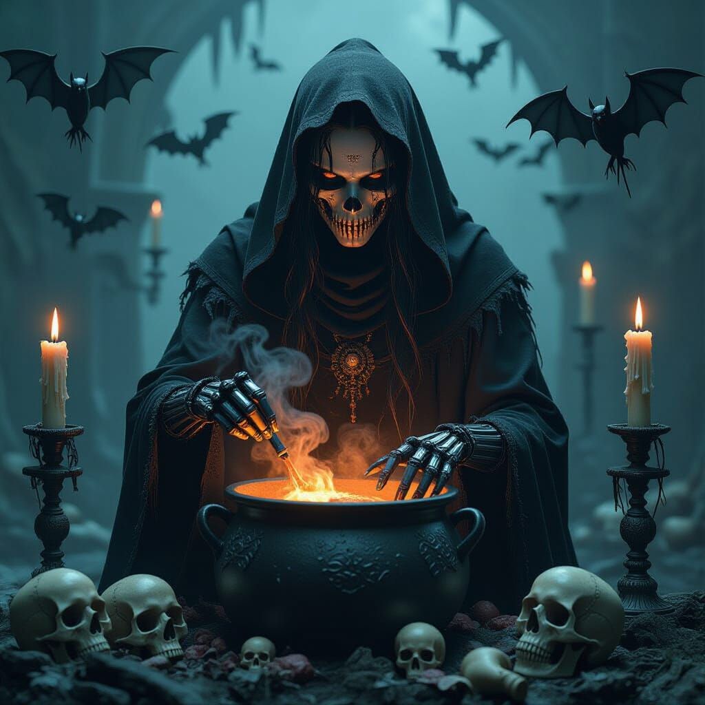 Sinister Cyborg Witch Stirring Cauldron in Horror Style