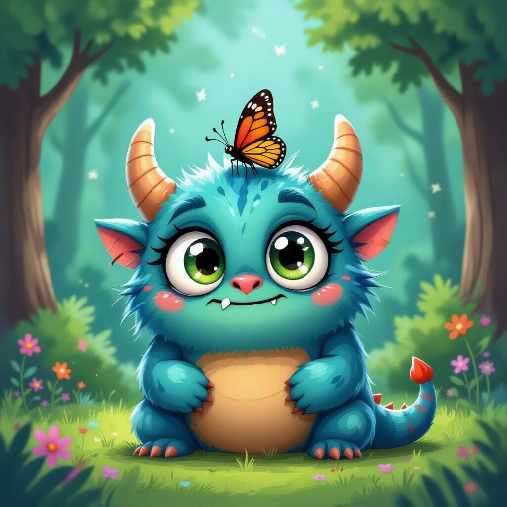 Adorable Cross-Eyed Monster and Butterfly, Storybook Style