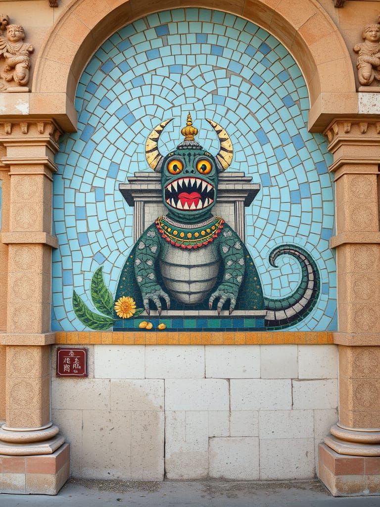 Mosaic Monster Painted on Temple Wall
