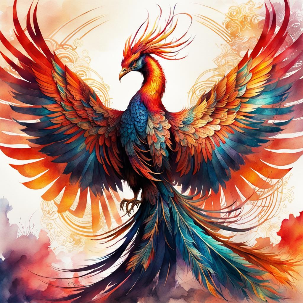 Chinese Phoenix in Digital Watercolor Style