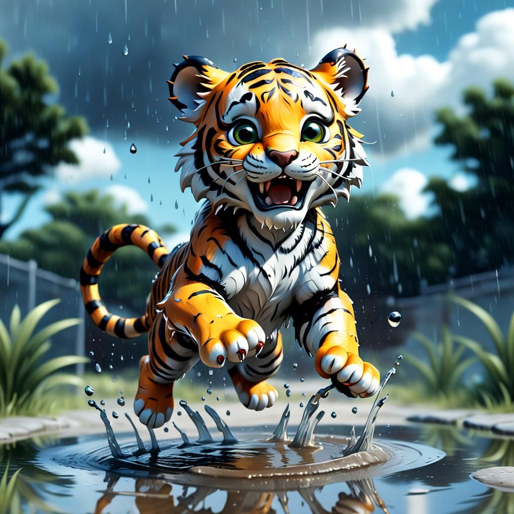 Happy Miniature Tiger Cub Splashing in Puddle