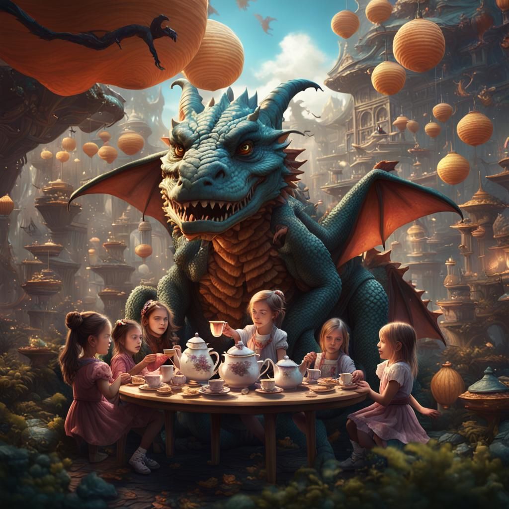 Little Girl and Dragon at a Tea Party