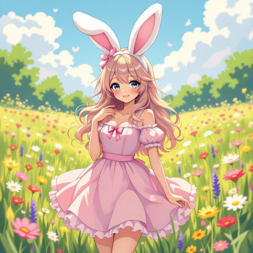 Pastel Bunnygirl in Whimsical Meadow, Kawaii Pop Art