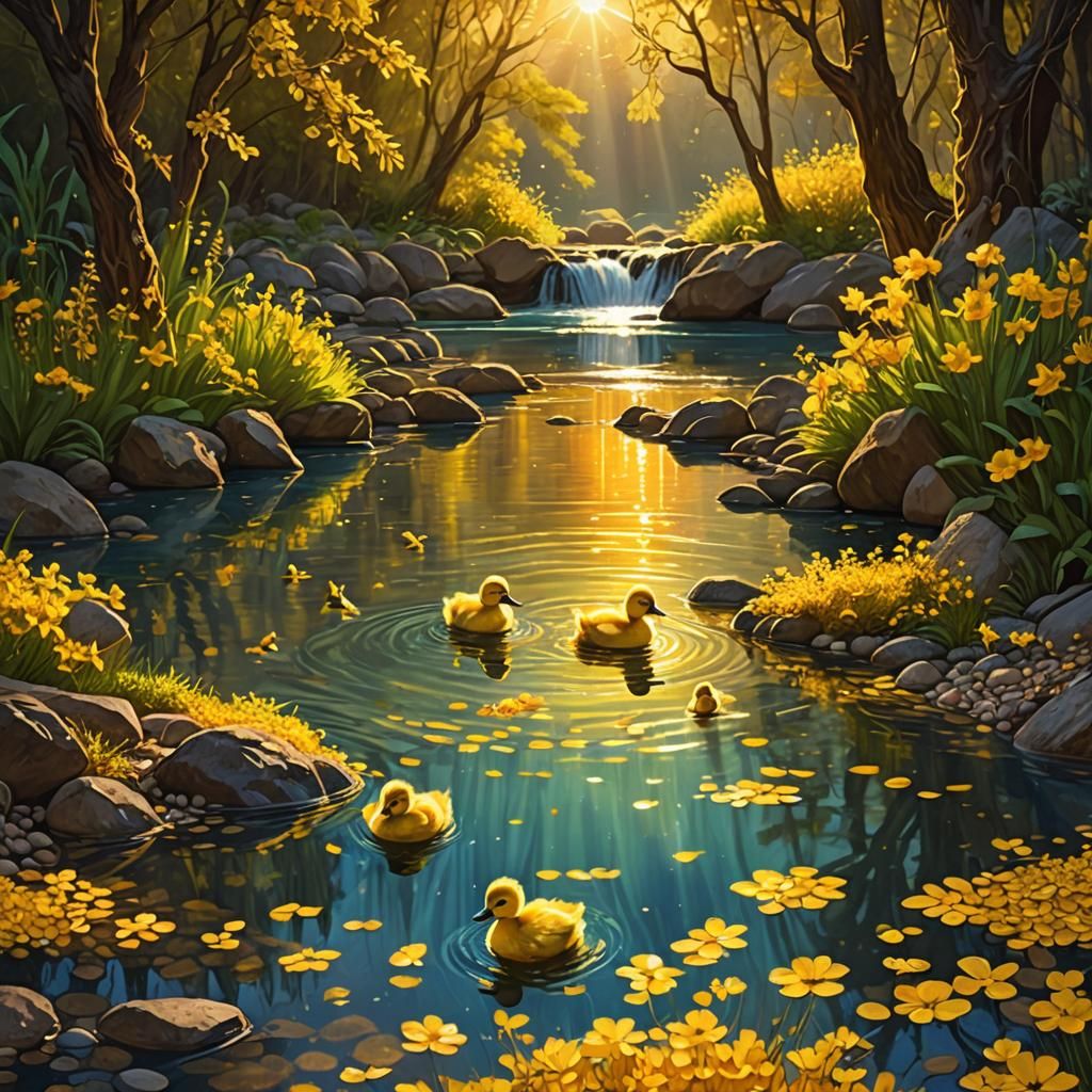 Ducklings Swim in Enchanted River at Sunset