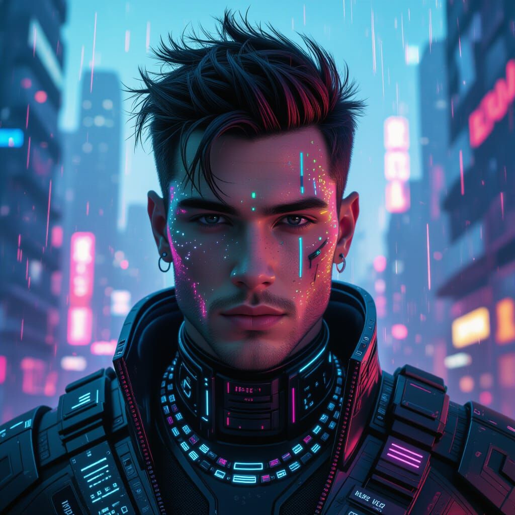 Futuristic Guy in Neon Cityscape