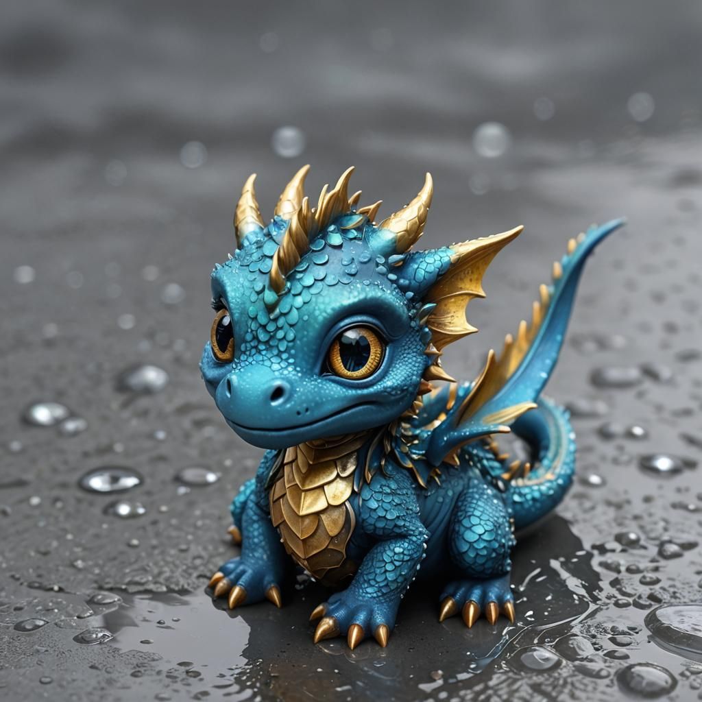 Cheerful Wet Baby Dragon in Whimsical Style