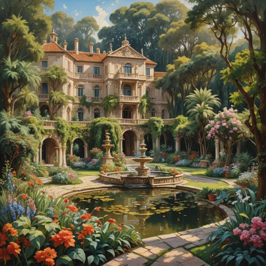 Idyllic Palace Garden: An Oil Painting