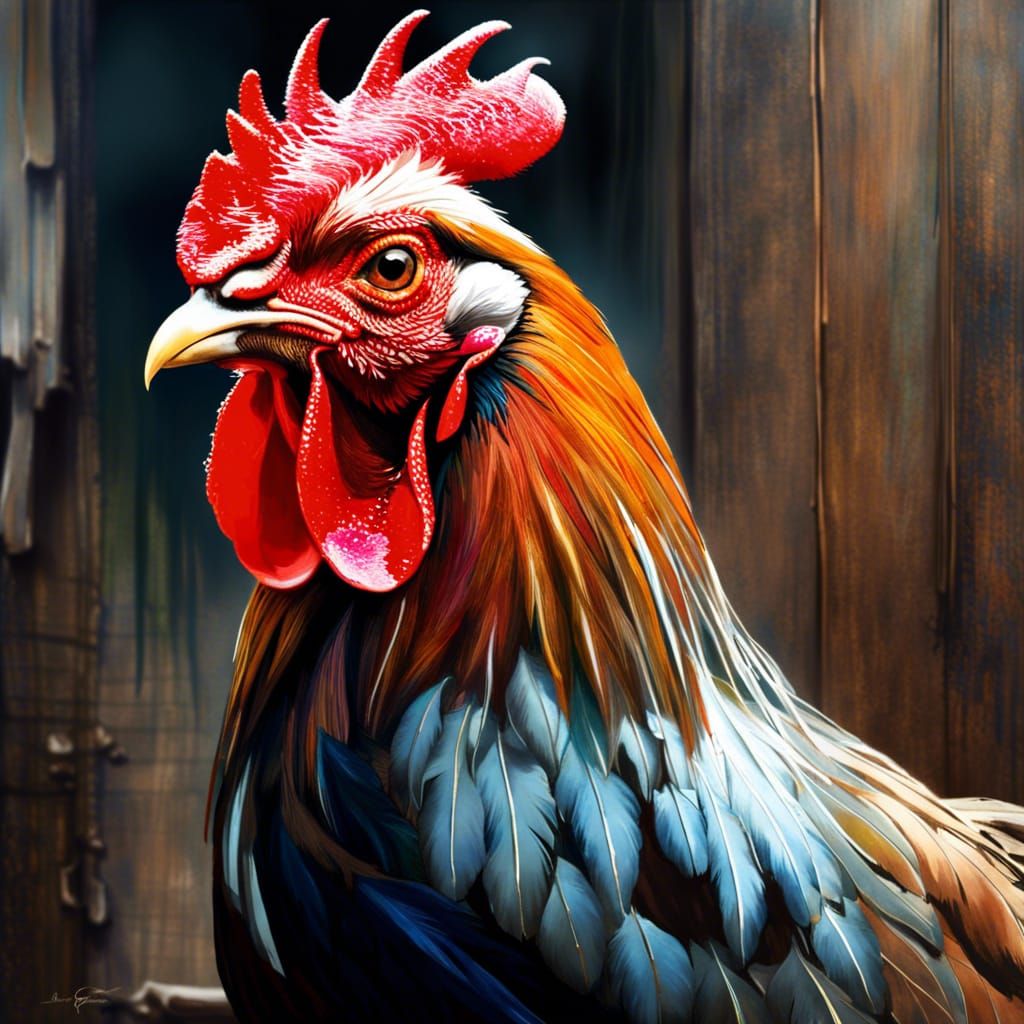 Detailed Rooster Portrait in Vibrant Triadic Colors