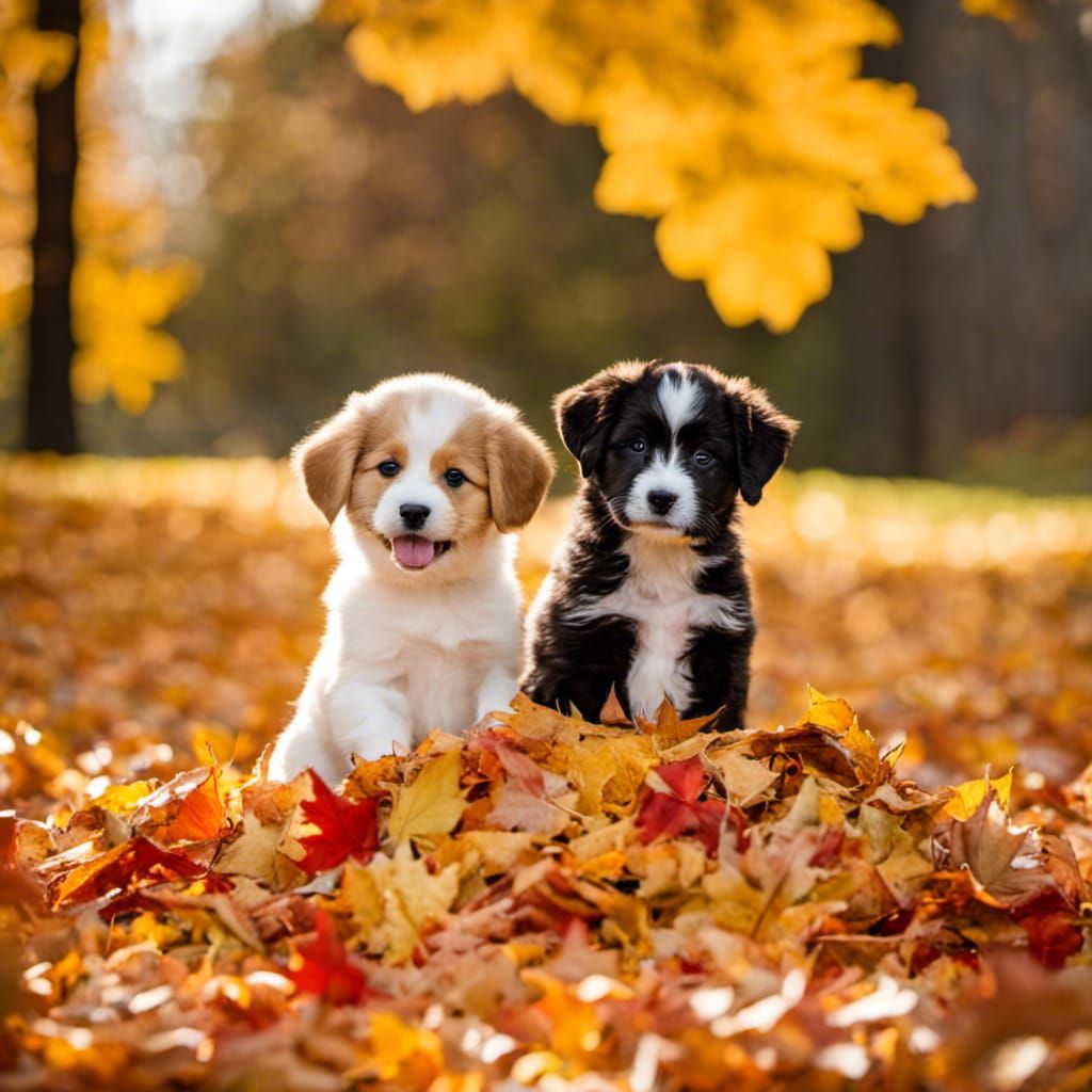 Puppies playing in pile of fall leaves
