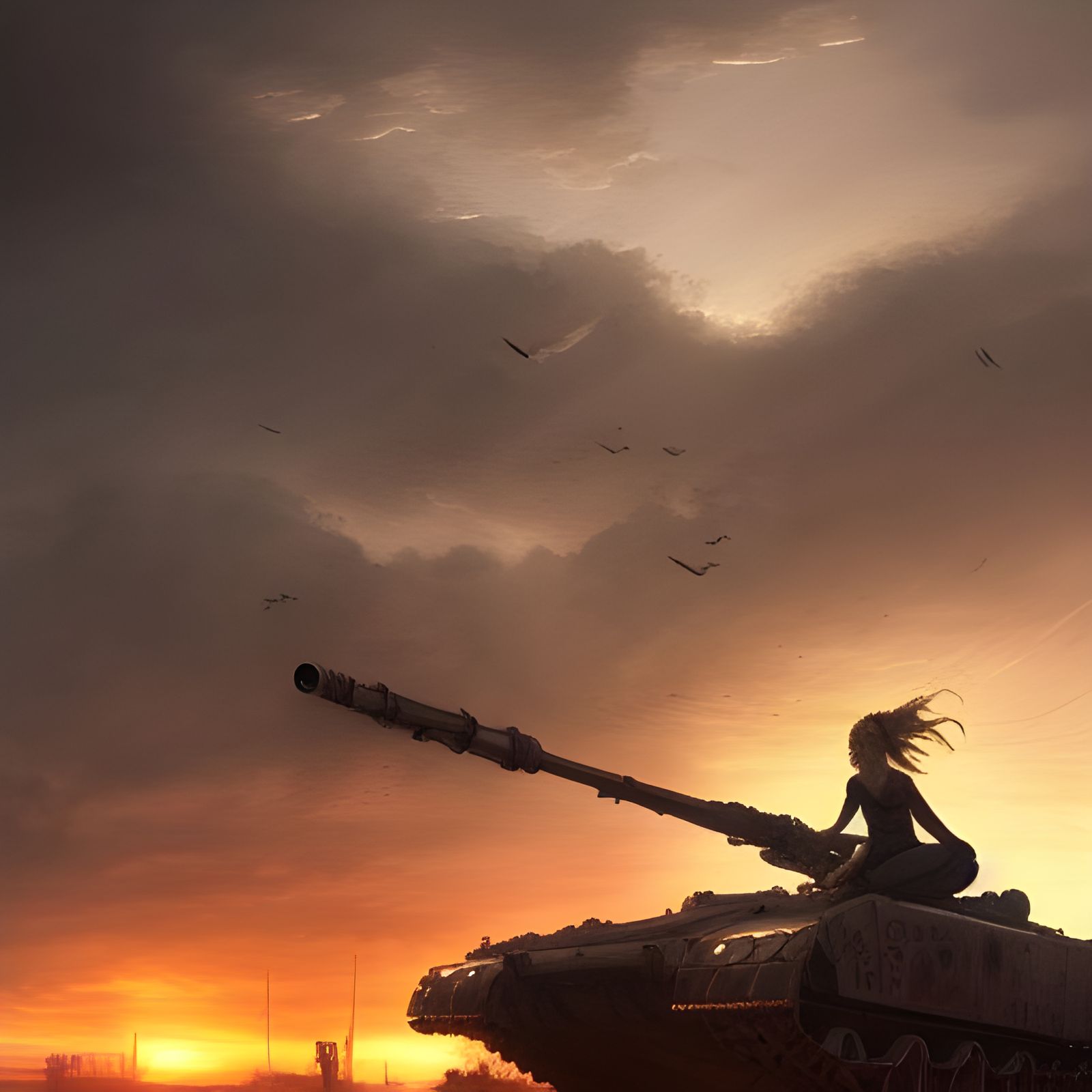 Tank Girl on Post-Apocalyptic Tank at Sunset