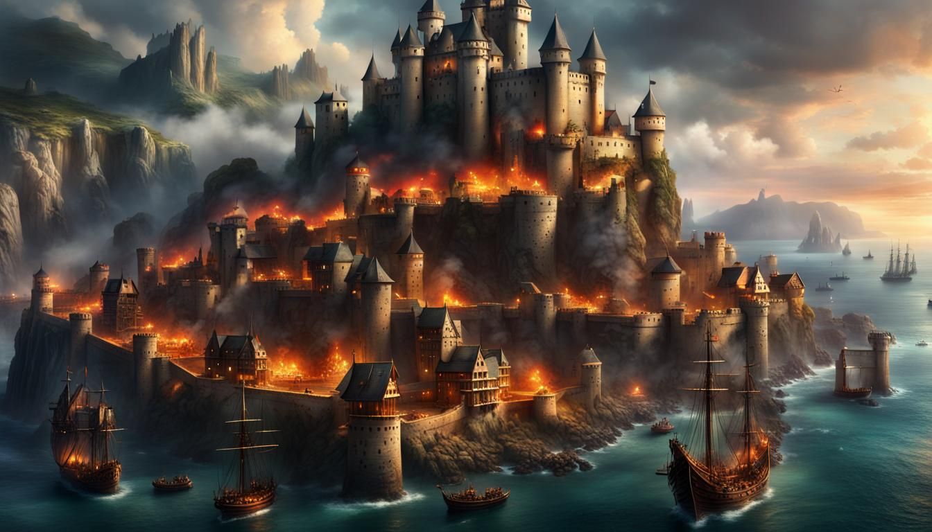 Epic Castle Siege by Pirate Ships: Digital Matte Painting