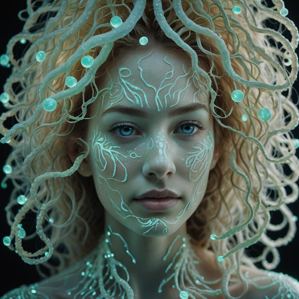 Ethereal Bioluminescent Portrait Made from Glowing Tapioca