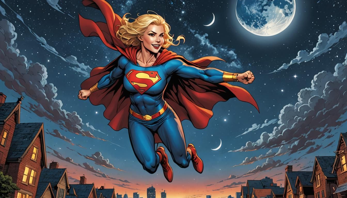 Barefoot Super Girl Soaring in Comic Book Art