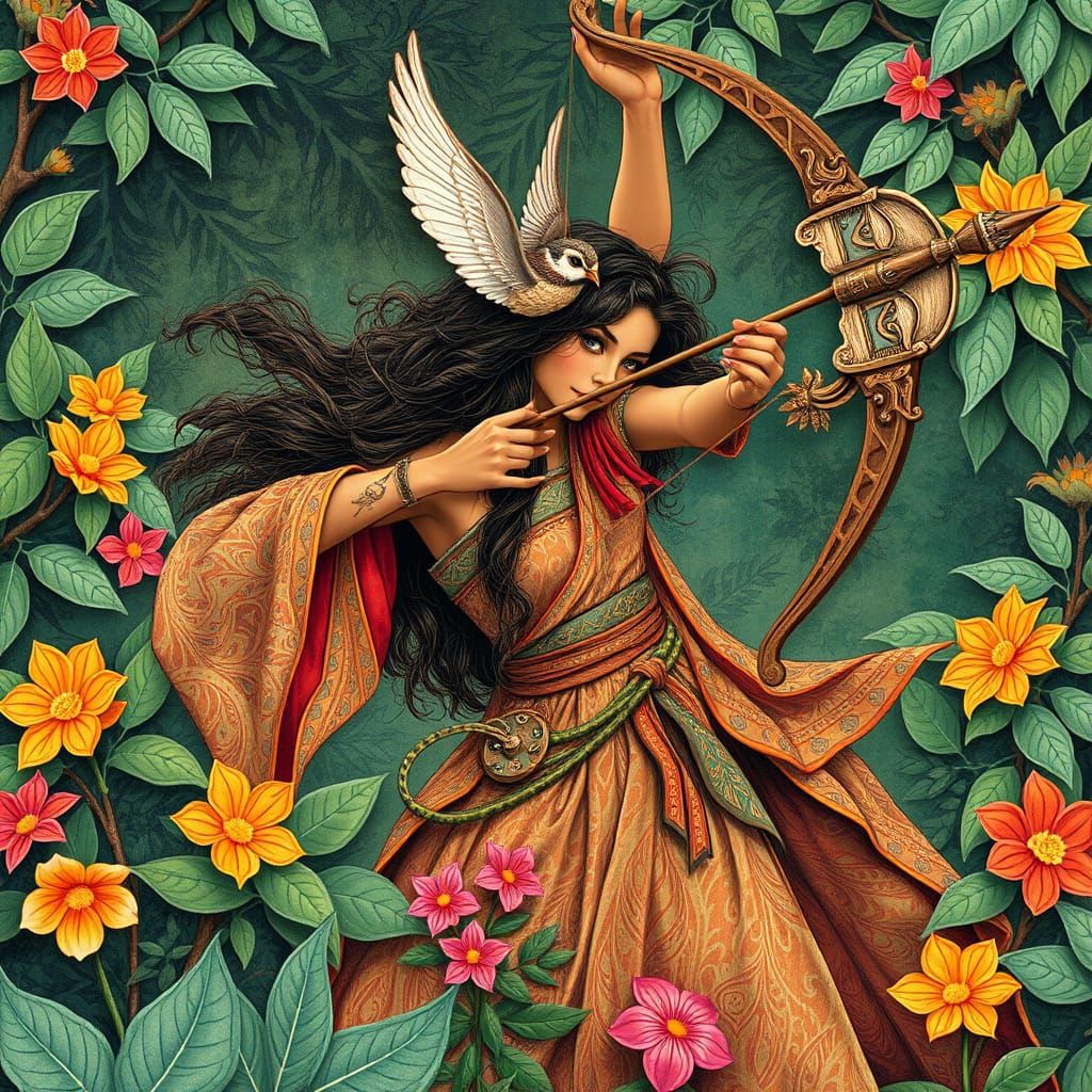 Elven Archer Goddess in Lush Foliage, Art Nouveau Style