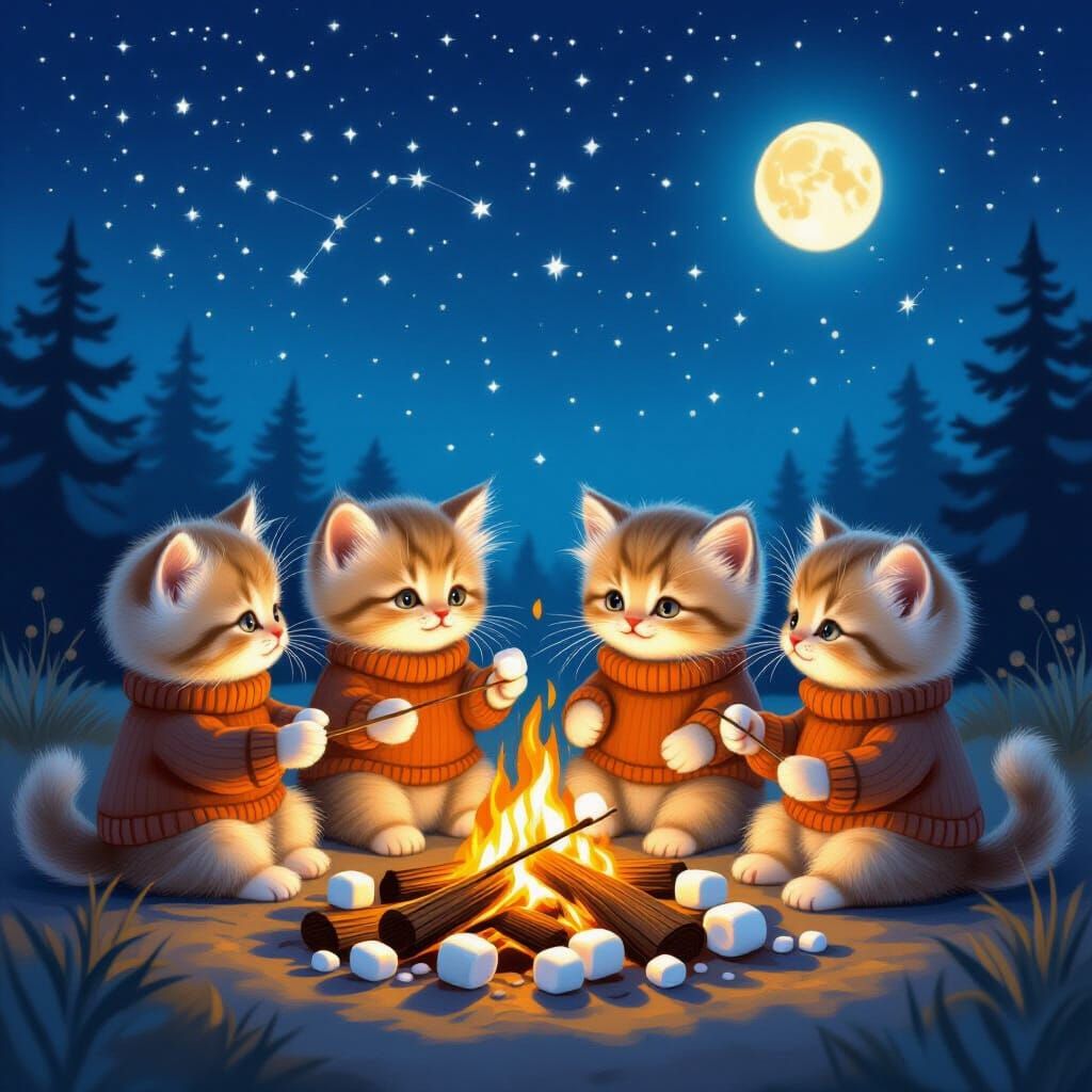 Kittens Toasting Marshmallows by Campfire Under Starry Sky