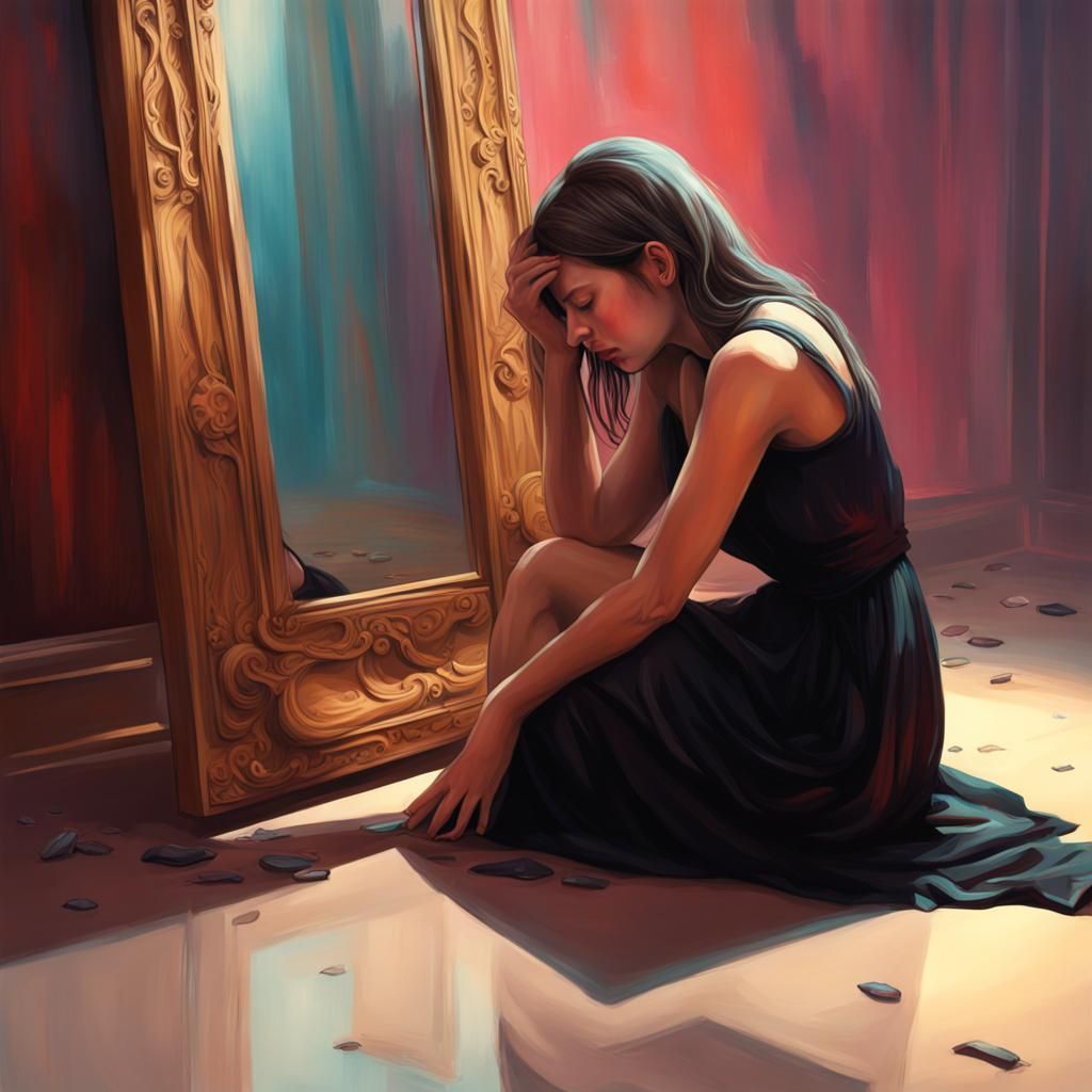 Grieving Girl Beside Mirror in Hyperrealistic Splash Art