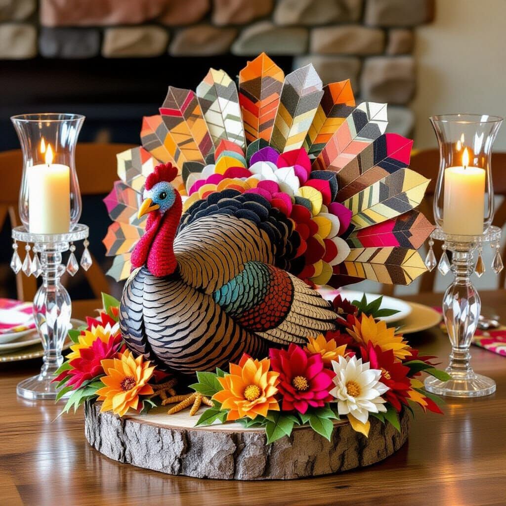 Felt Turkey Centerpiece with Autumn Foliage, Art Nouveau Sty...