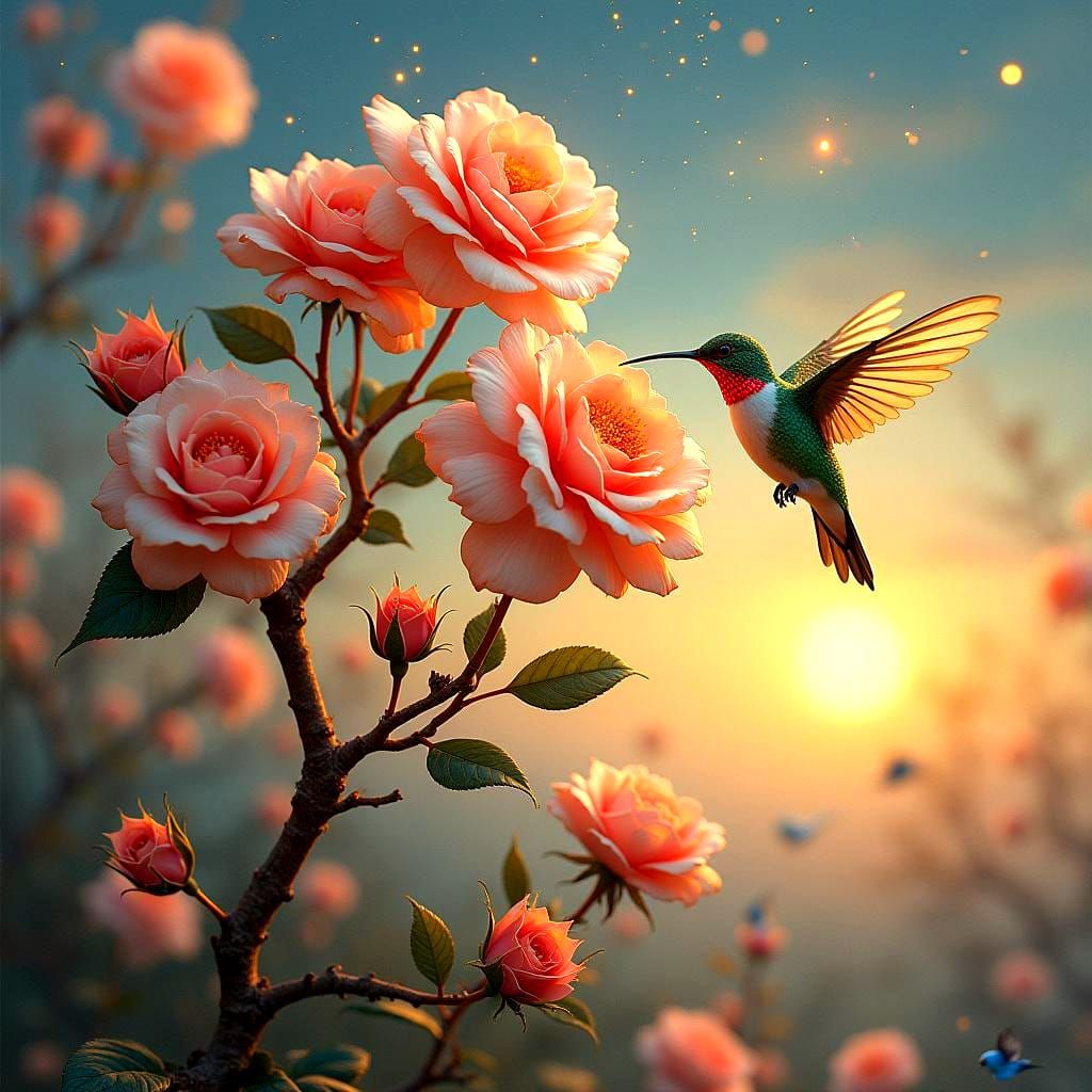 Gilded Hummingbird and Bluebirds in Twilight Sky