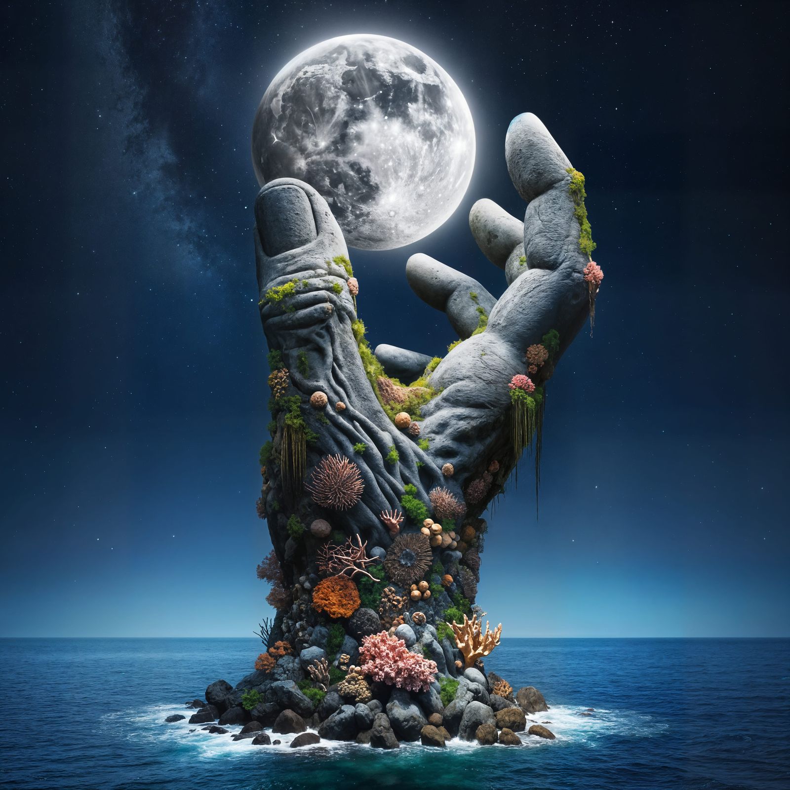 Ancient Rock Hand Reaches for the Moon in a Celestial Dance