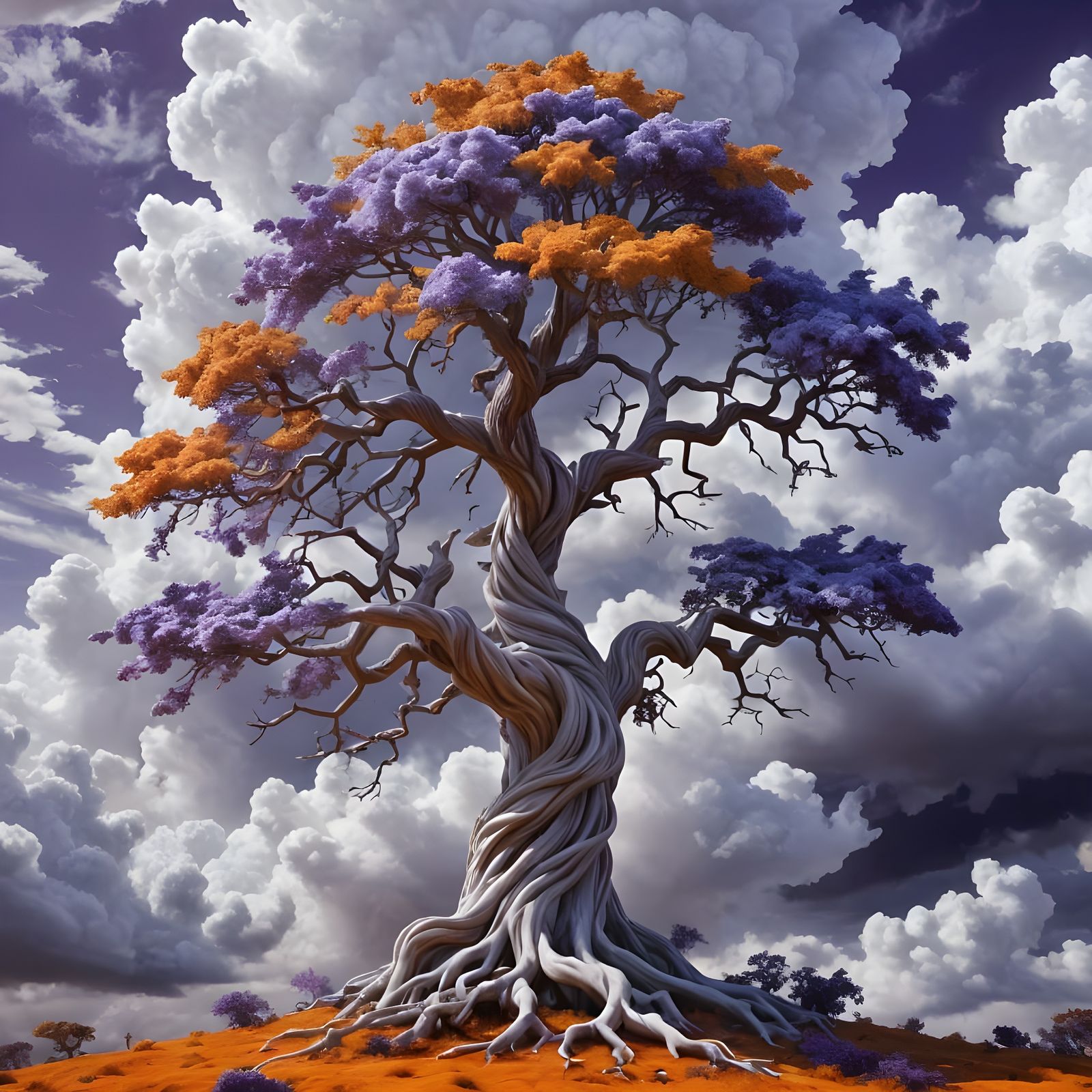 Surreal Cloud Tree in Vibrant Purple and Orange