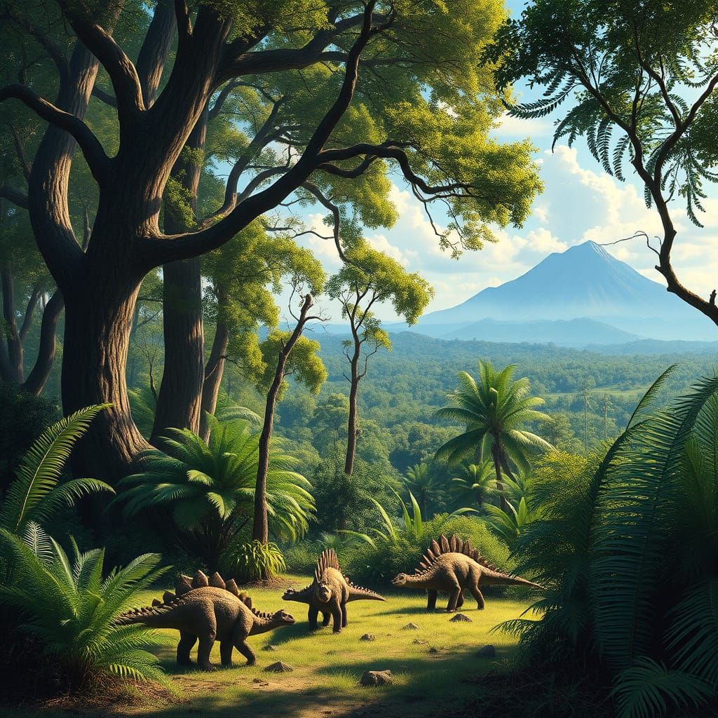 Jurassic Forest Scene with Stegosauruses in Romantic Style