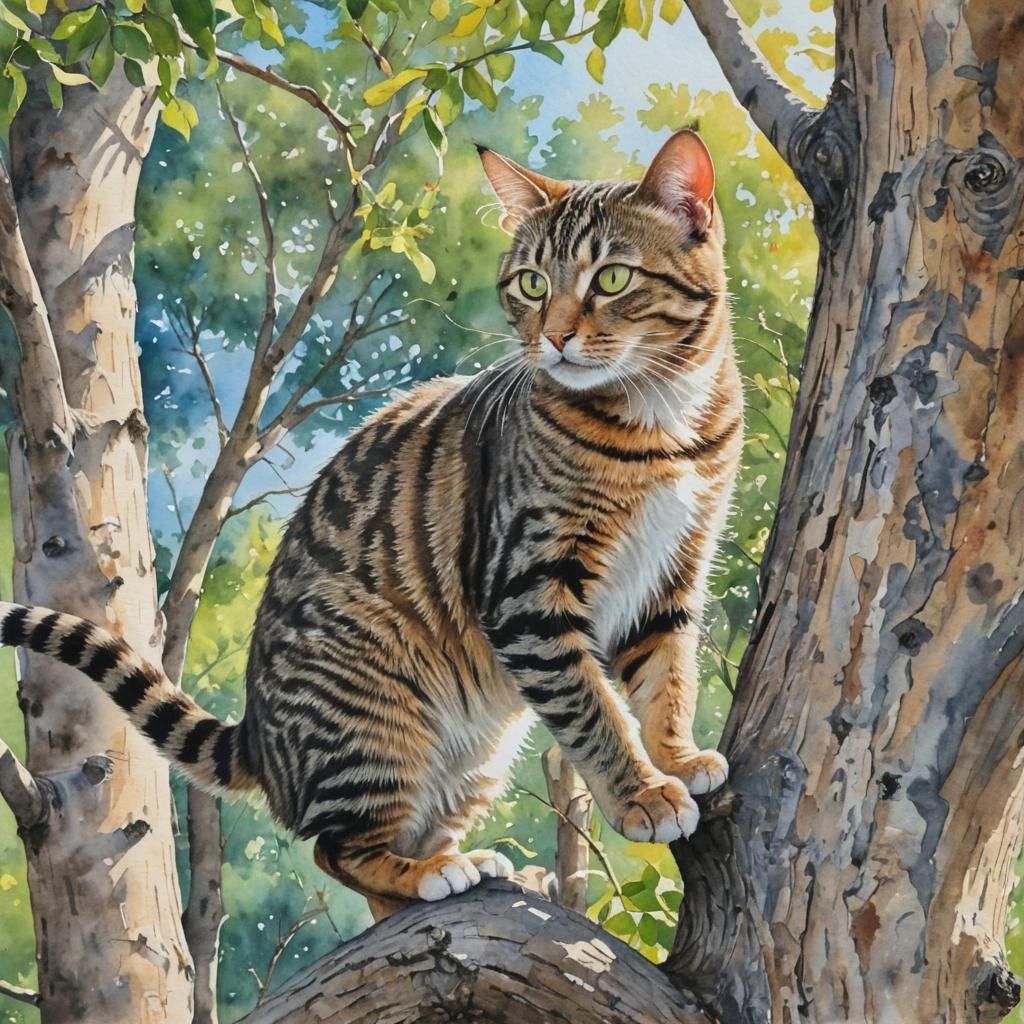 Tabby Cat Climbing Tree: Watercolor Abstract