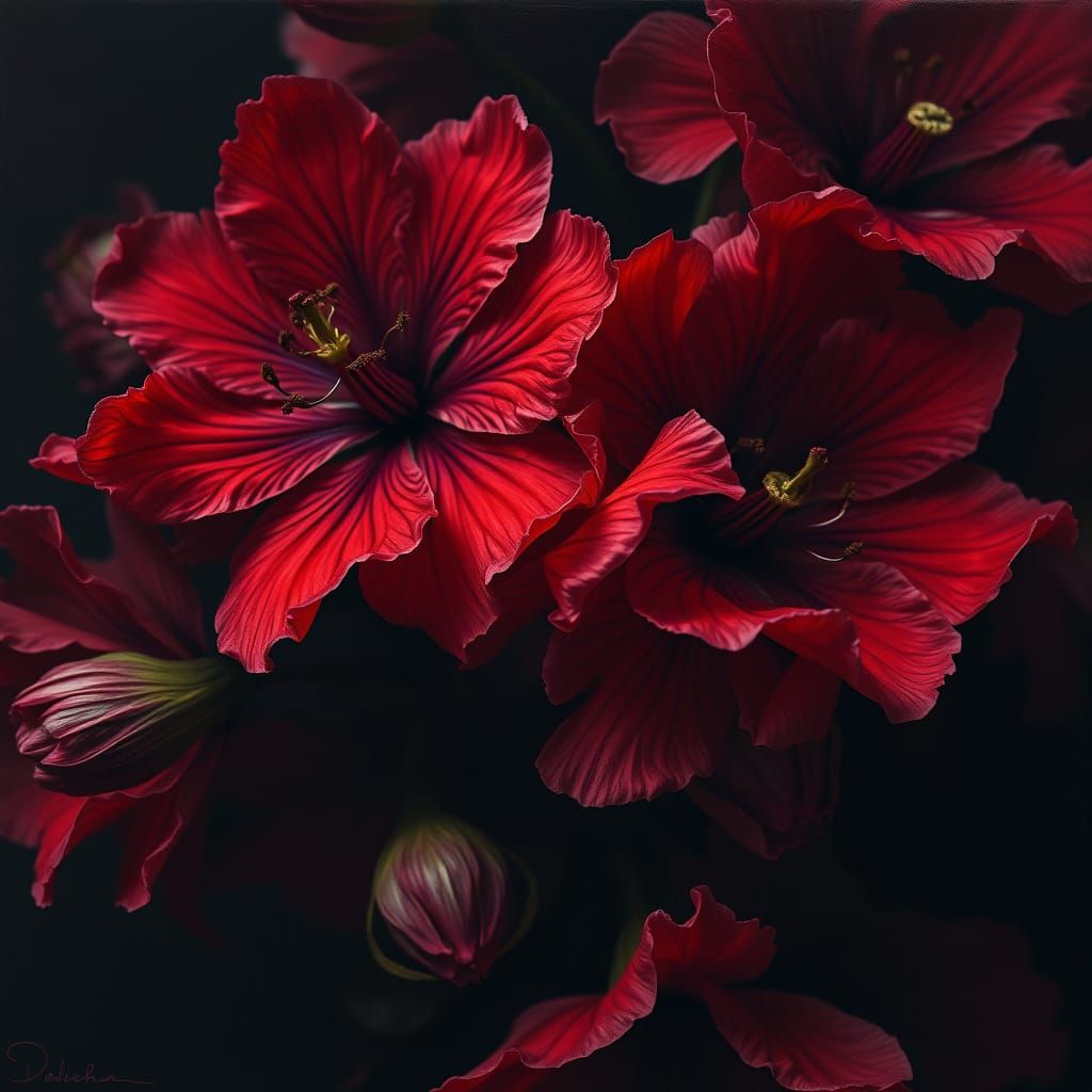 Hyperrealistic Dark Red Flowers in Lush Atmosphere