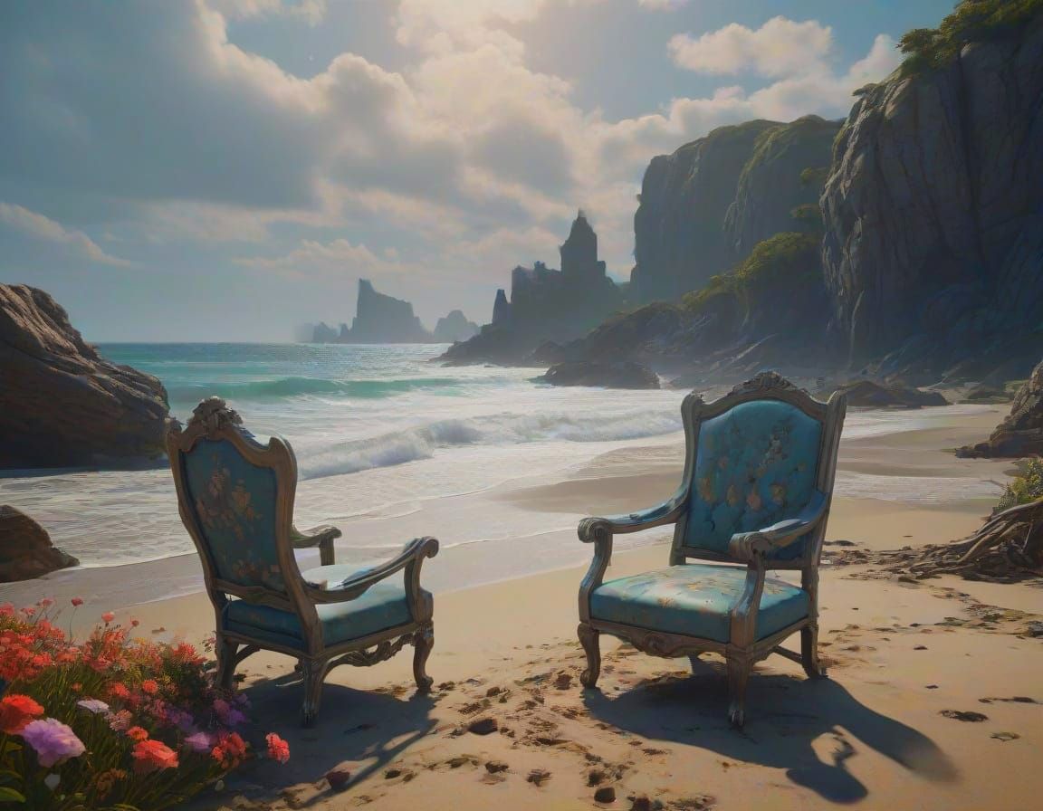 Surreal Beach Scene with Driftwood and Blooming Hill in Vibr...