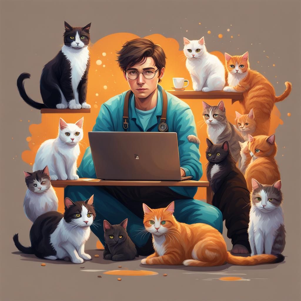 Young Scientist Surrounded by Cats: Hyperrealistic Digital A...