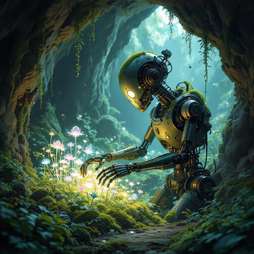 Steampunk Automaton Tends Bioluminescent Garden in Crystal C...