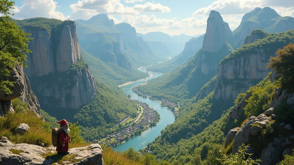 Panoramic River Confluence with Gnome Village